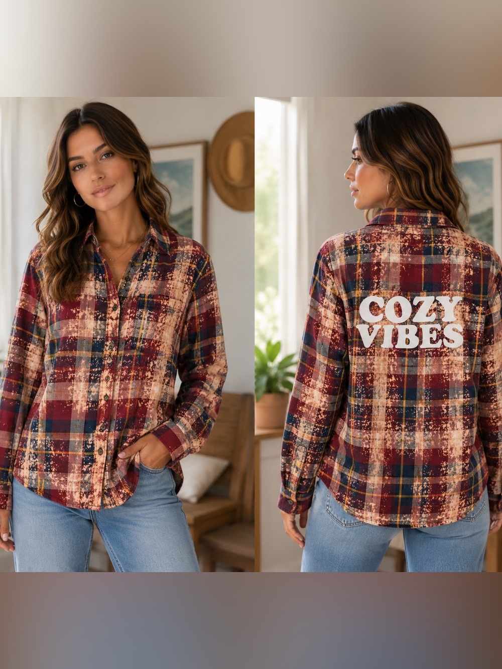 Chaps Distressed Men's Plaid Button-Down Shirt with Cozy Vibes Graphic
